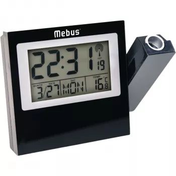 MEBUS 42424 Projektinis radijo bangomis valdomas žadintuvas su DCF77, raudona LED projekcija, LCD ekranu, dvigubu žadintuvu, patalpų temperatūra, mėlynu foniniu apšvietimu, juodas