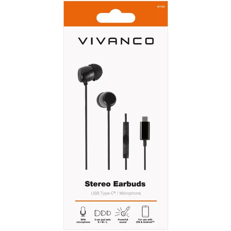 Vivanco Stereo USB-C In-Ear Headphones, Black (61752)