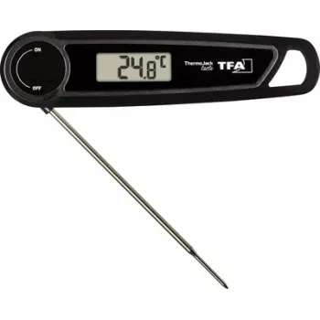 TFA THERMO JACK TASTE Skaitmeninis virtuvės termometras su laikmačiu ir aliarmu, nerūdijančio plieno zondas, 160 mm, -50 iki +300 °C, LCD ekranas, juoda/balta