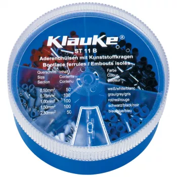 KLAUKE ST 11 B Izoliuotų vielos galų įvorių rinkinys – 625 vnt., 0,5–10 mm², pilka/juoda dėžutė