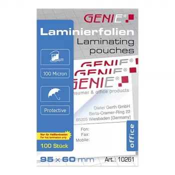 Genie 10261 Laminavimo maišeliai permatomi 95x60mm 100 vnt. pakuotė