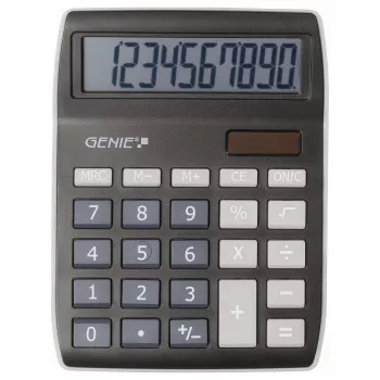 Genie 840 BK Stalo Skaičiuotuvas – 10 Skaitmenų, Sukiojamas Ekranas, Dvigubas Maitinimas (Saulė & Baterija), Juoda/Pilka