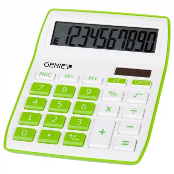 Genie 840 G stalinis skaičiuotuvas – 10 skaitmenų, pasukamas ekranas, saulės ir baterijos maitinimas, žalia/balta