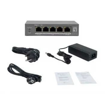 LevelOne GEP-0531 Nevaldomas PoE+ komutatorius, 3x GE PoE+ (30W) + 1x Hi-PoE (60W), 60W biudžetas, plastikinis stalinis