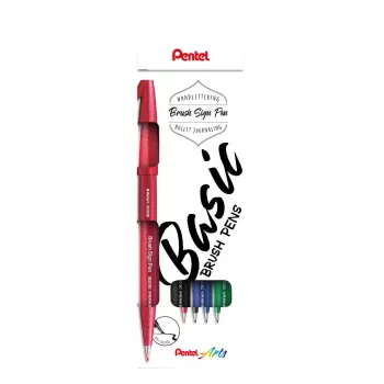 Pentel Sign Brush Pen rinkinys 4 skirtingų spalvų: juoda, raudona, mėlyna, žalia