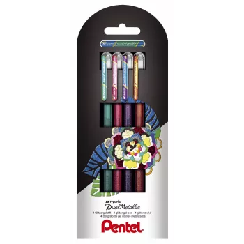 Pentel Dual Metallic Gel Pen rinkinys – 4 spalvos (žalia, oranžinė, rožinė, violetinė) – 0,5 mm smulkus antgalis – plastikinis korpusas – lizdinė pakuotė