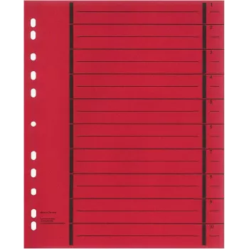 Wekre 50 raudoni A4 kartoniniai dokumentų skirtukai, universalūs 11 skylių, 180 g/m², lygiais kraštais