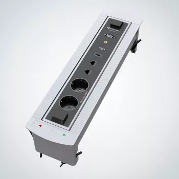 Kindermann CablePort Turn stalviršinis įleidžiamas blokas su 2 Schuko lizdais, 2 RJ45 CAT6, 2 HDMI, 1 USB-A 3.0, 360° sukimu, sidabrinis/juodas