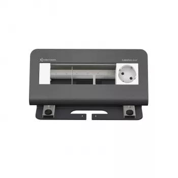 Kindermann CablePort desk² 4 vietų stalviršio jungčių panelė – 4 Schuko lizdai, 2x RJ45 Cat.6A, 2x USB-A, 1x HDMI, 1x USB-C, juoda