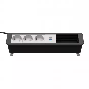 Kindermann CP Office stalinis maitinimo ir jungčių blokas, 6 lizdai, 3x Schuko kištukiniai lizdai, 1x USB-C PD 60W, 3 m laidas, sidabrinis