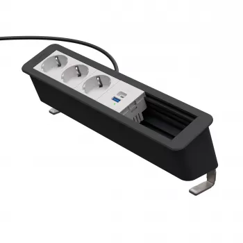 Kindermann CP Office stalinis maitinimo ir jungčių blokas, 6 lizdai, 3x Schuko kištukiniai lizdai, 1x USB-C PD 60W, 3 m laidas, sidabrinis
