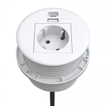 Kindermann CablePort Table White (STS-R90-2 weiß) – Įleidžiamas stalinis jungčių blokas su 2x Schuko lizdais