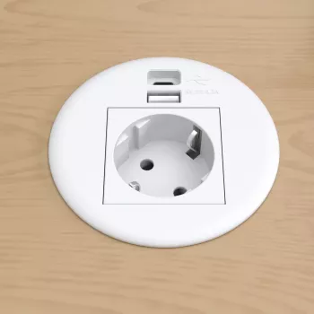 Kindermann CablePort Table White (STS-R90-2 weiß) – Įleidžiamas stalinis jungčių blokas su 2x Schuko lizdais