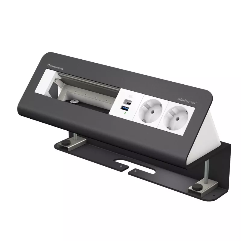 Kindermann CablePort desk² 6-ių dalių modulis su 2x maitinimo lizdais ir USB, tvirtinamas spaustuku prie stalo