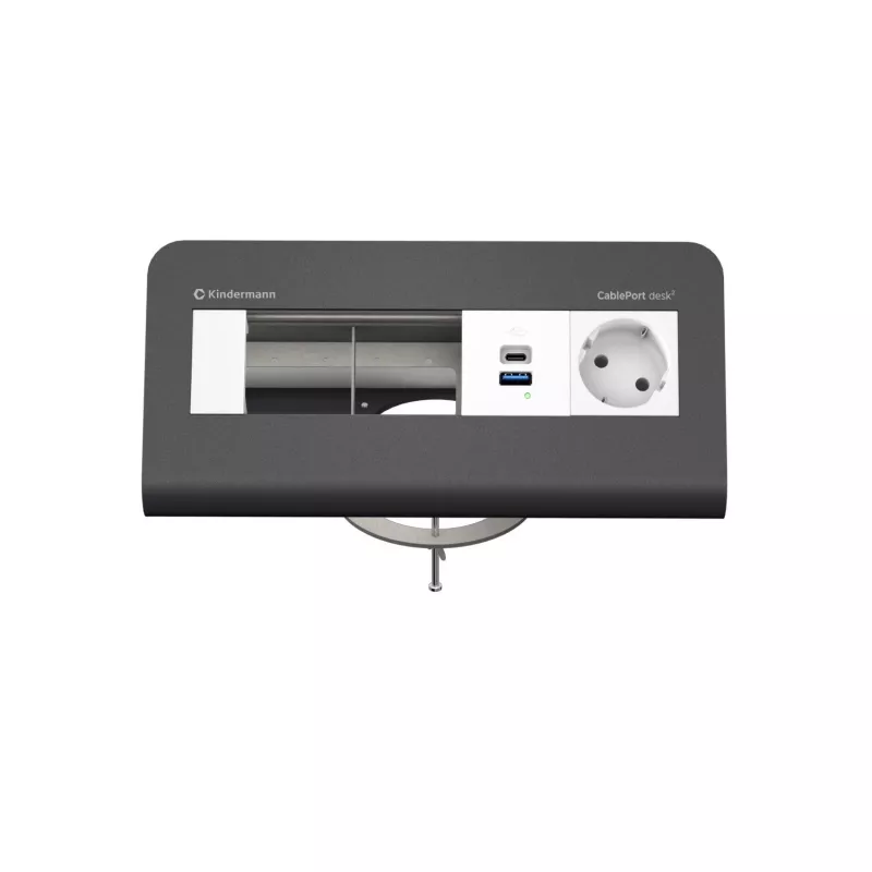 Kindermann CP desk² 80 4-fold Desk Connectivity Panel su 1x maitinimo ir 1x USB-A, sidabrinis/juodas