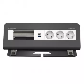 Kindermann CablePort desk² 6-way 3x Schuko 2x USB-A stalinis jungiamasis modulis sidabrinis/juodas