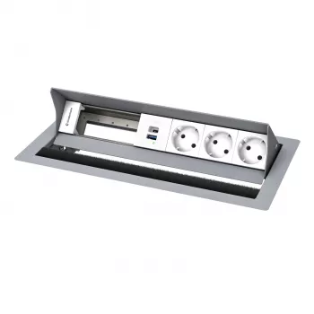 Kindermann CP Standard² 6-Fold Desk Connectivity Panel su 3x maitinimo lizdais ir 1x USB-A įkrovimu, sidabrinis