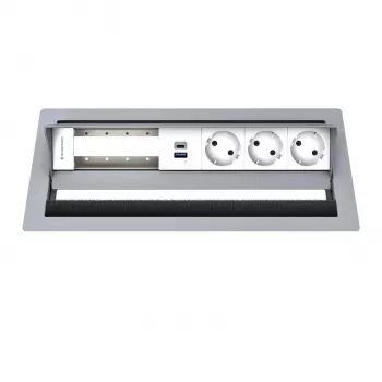 Kindermann CP Standard² 6-Fold Desk Connectivity Panel su 3x maitinimo lizdais ir 1x USB-A įkrovimu, sidabrinis