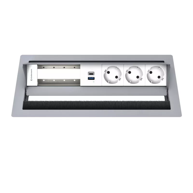 Kindermann CP Standard² 6-Fold Desk Connectivity Panel su 3x maitinimo lizdais ir 1x USB-A įkrovimu, sidabrinis