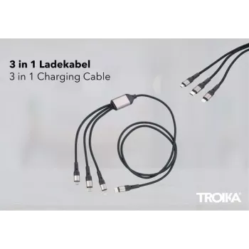 TROIKA DREIZACK PRO Fast Charging Cable – 3-in-1 krovimo laidas su raktų pakabuku – pilka