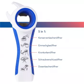 First Aid Only 5-in-1 Multi-Opener butelių ir skardinių atidarytuvas, balta/mėlyna, sumažina pastangas