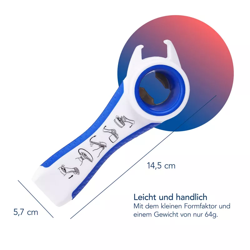 First Aid Only 5-in-1 Multi-Opener butelių ir skardinių atidarytuvas, balta/mėlyna, sumažina pastangas