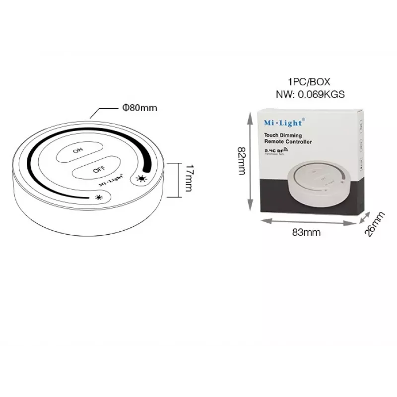 Synergy 21 LED nuotolinio valdymo pultas su jutikliniu reguliatoriumi vienspalviams šviestuvams, skirtas MiLight/MiBoxer
