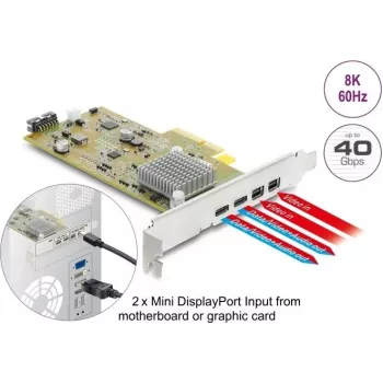Delock PCI Express x4 kortelė su 2 x išoriniais USB Type-C 40 Gbps (DP Alt režimas) lizdais – Low Profile formato
