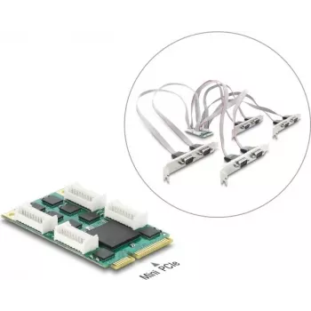 Delock Mini PCIe I/O Full Size Card to 8 x Serial RS-232 DB9 su standartiniais ir žemo profilio laikikliais