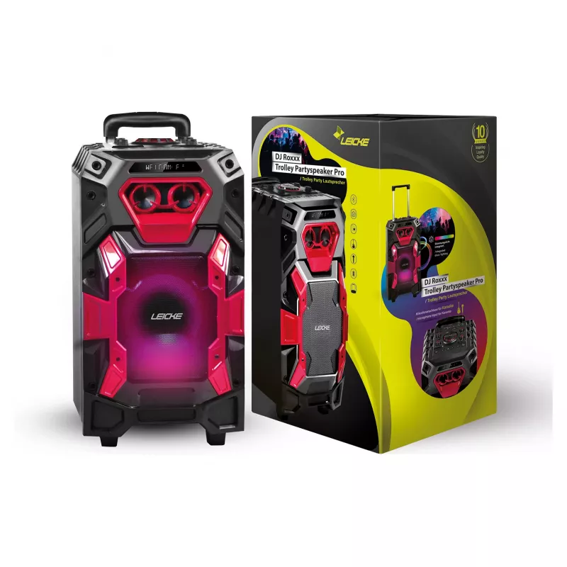 Leicke DJ ROXX TROLLEY PRO nešiojama PA garso sistema su Bluetooth, 100 W RMS, 10 colių žemųjų dažnių garsiakalbiu, LED apšvietimu, vežimėliu, mikrofonu ir nuotolinio valdymo pultu