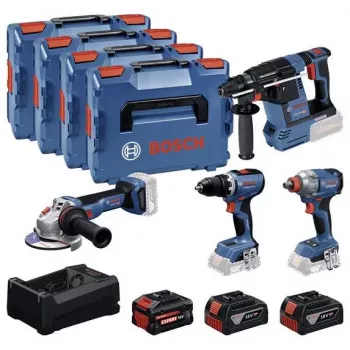 BOSCH POWERTOOLS 18V 4 įrankių rinkinys – Gręžtuvas-suktuvas, Smūginis suktuvas, Plaktukinis gręžtuvas, Kampinis šlifuoklis