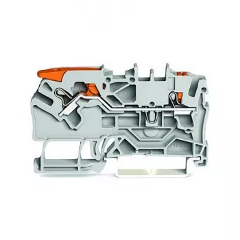 WAGO 2102-5201 dviejų laidininkų praeinanti gnybtų kaladėlė su svirtimi ir mygtuku, 2,5 mm², pilka
