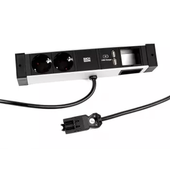 Bachmann DESK Rail maitinimo juosta su 2 Schuko lizdais ir 2 USB įkrovimo prievadais, 2 m kabeliu, sidabrinė/juoda