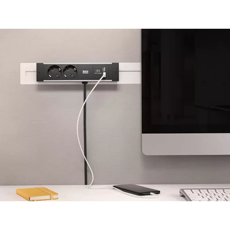 Bachmann DESK Rail maitinimo juosta su 2 Schuko lizdais ir 2 USB įkrovimo prievadais, 2 m kabeliu, sidabrinė/juoda