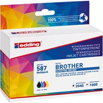Edding suderinamų rašalo kasečių rinkinys juoda, žydra, raudona, geltona – pakeičia Brother LC-3219XL seriją (4 vnt.)