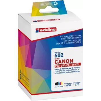 Edding EDD-502 Suderinamas rašalo kasečių rinkinys juoda, foto juoda, žydra, rausvai raudona, geltona (5 vnt.) Pakeičia Canon PGI-550XL/CLI-551XL