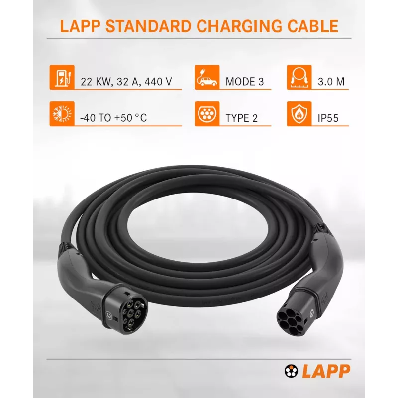 Lapp Mobility Type 2 EV Charging Cable 22 kW 3 m Black