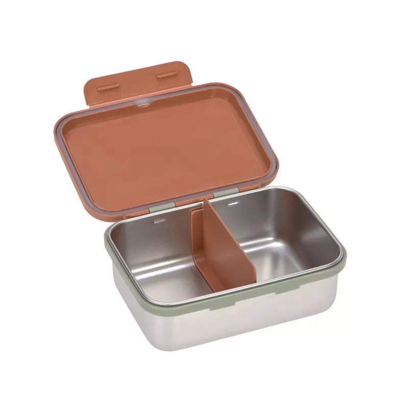 Lassig Happy Prints Caramel vaikiška nerūdijančio plieno maisto dėžutė, 1 l, su pertvarėle, PP dangtelis su silikoniniu žiedu