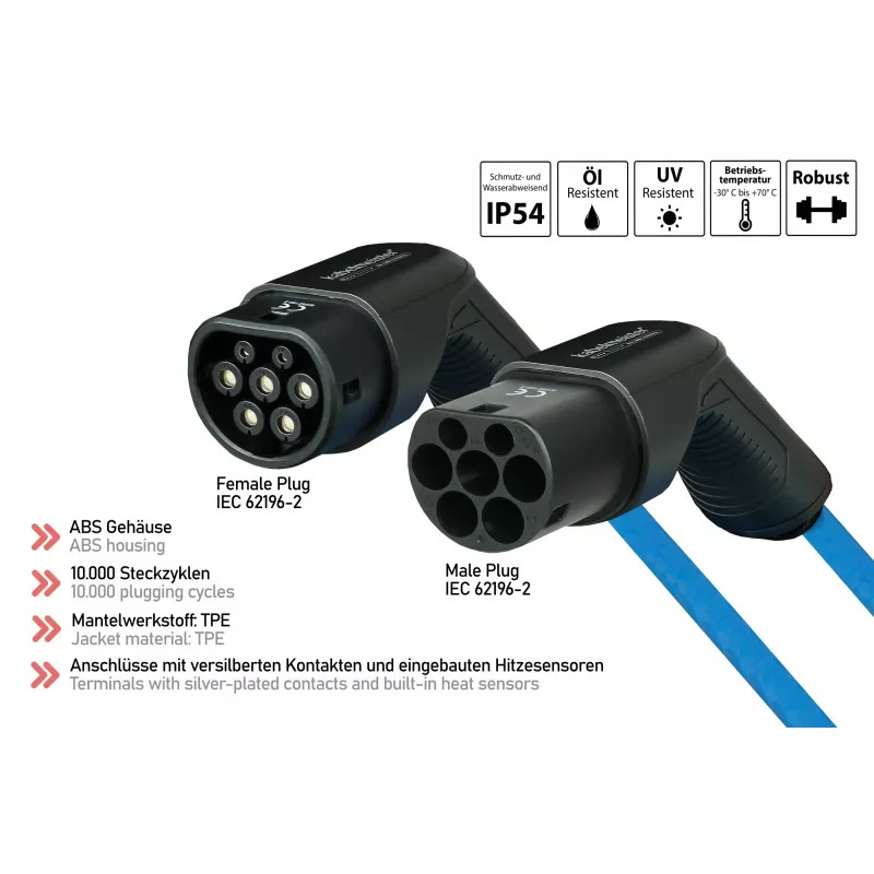 kabelmeister® EV Charging Cable Mode 3, Type 2 Plug to Socket, 3-Phase, 16 A, 11 kW, Blue, 5 m