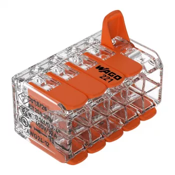 WAGO 221-420 Kompaktiška jungtis su svirtelėmis, 10 laidininkų, 0,2–4 mm², permatomas korpusas, oranžinė svirtelė, 10 vnt. pakuotė