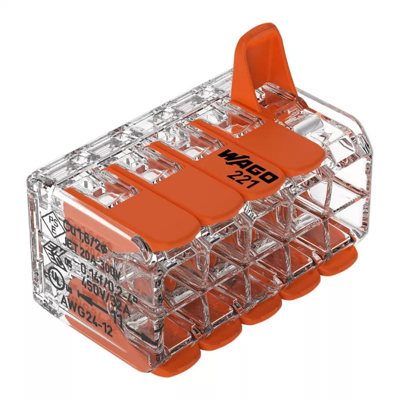 WAGO 221-420 Kompaktiška jungtis su svirtelėmis, 10 laidininkų, 0,2–4 mm², permatomas korpusas, oranžinė svirtelė, 10 vnt. pakuotė