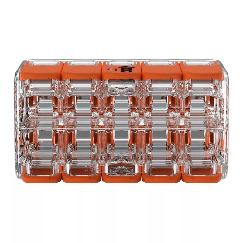 WAGO 221-420 Kompaktiška jungtis su svirtelėmis, 10 laidininkų, 0,2–4 mm², permatomas korpusas, oranžinė svirtelė, 10 vnt. pakuotė