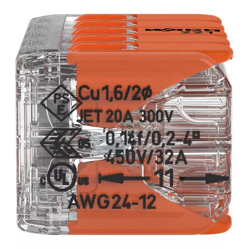 WAGO 221-420 Kompaktiška jungtis su svirtelėmis, 10 laidininkų, 0,2–4 mm², permatomas korpusas, oranžinė svirtelė, 10 vnt. pakuotė