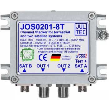JULTEC JOS0201-8T Unicable II / JESS vieno kabelio keitiklis su 2 optiniais palydoviniais ir 1 optiniu antžeminiu įėjimu, 8 F tipo išėjimais, FC/PC jungtimis