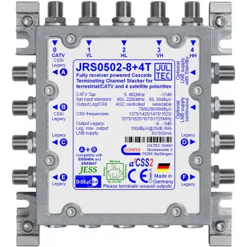 JULTEC JRS0502-8+4T Unicable II vieno kabelio keitiklis / multiswitch, 2 Unicable išėjimai, 8 vartotojų juostos vienam išėjimui, 4 SAT IF įėjimai, 1 antžeminis įėjimas, 4 antžeminiai išėjimai