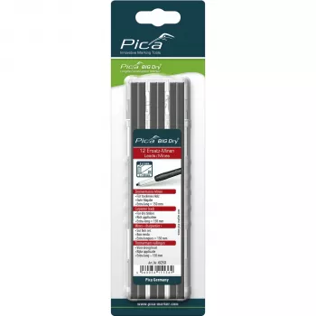 PICA BIG DRY Refills Carpenter 2H – 12 grafito šerdžių, stačiakampės 2x5 mm, 150 mm ilgio, juodos spalvos