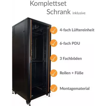 IT-BUDGET 19-Inch tinklo spinta SRK - Pilnas komplektas - 42U - Plotis 800 mm, Gylis 800 mm - Stiklinės/plieninės durelės - 4 aktyvūs ventiliatoriai - PDU - Lentynos - Surinkta - Juoda (99ITB19SRK4288GSM)