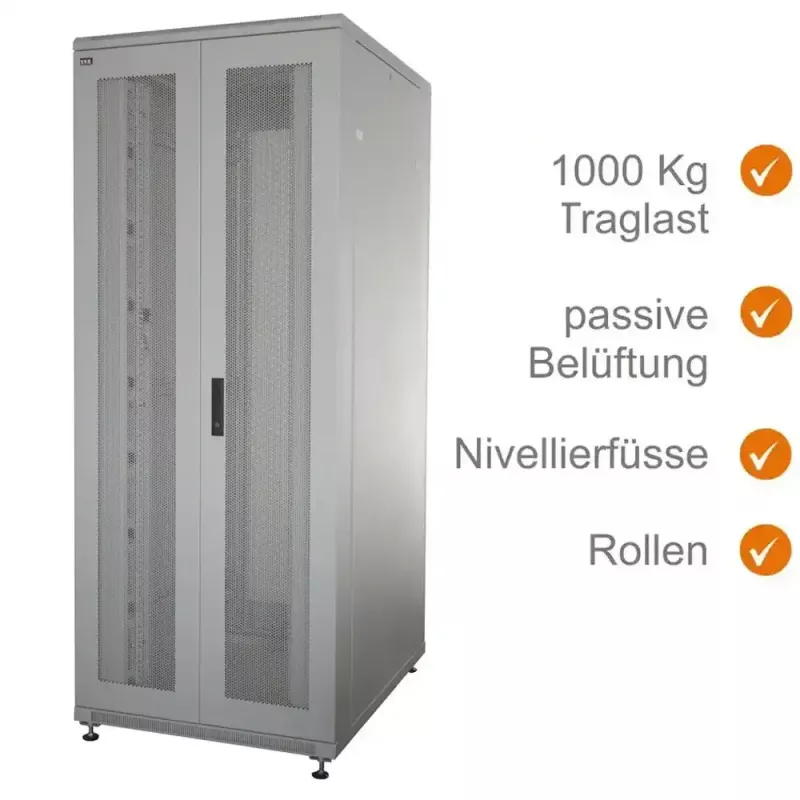 IT-BUDGET 19-Inch Network Cabinet SRK - 38U - Width 800mm x Depth 800mm - Perforated Double Doors Front and Rear - Cable Channels - Flatpack - Light Grey (90ITB19SRK3888DTGN)
