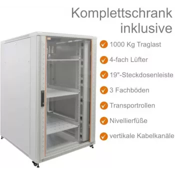 IT-BUDGET 19 inch tinklo spinta SRK - pilnas komplektas - 27U - 800x800 mm - stiklinės / vientisos metalinės durys - 4 aktyvūs ventiliatoriai - PDU - lentynos - plokščioje pakuotėje - šviesiai pilka (90ITB19SRK2788GG)