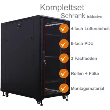 IT-BUDGET 19 colių tinklo spinta SRK - pilnas komplektas - 27 HE - PxG 800x800 mm - stiklinės/plieninės durys - 4 aktyvūs ventiliatoriai - PDU - lentynos - surinkta - juoda (99ITB19SRK2788GSM)
